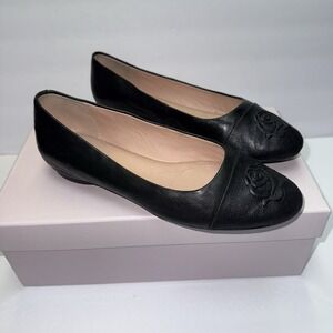 Taryn Rose Annabella Leather Flower Cap Ballet Flats Sz 6 Black Classic Soft‎